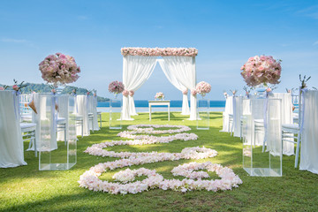 Romantic wedding ceremony on the lawn Sea view. - 199248420