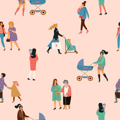 Happy Mothers Day. Vector seamless pattern with women and children.