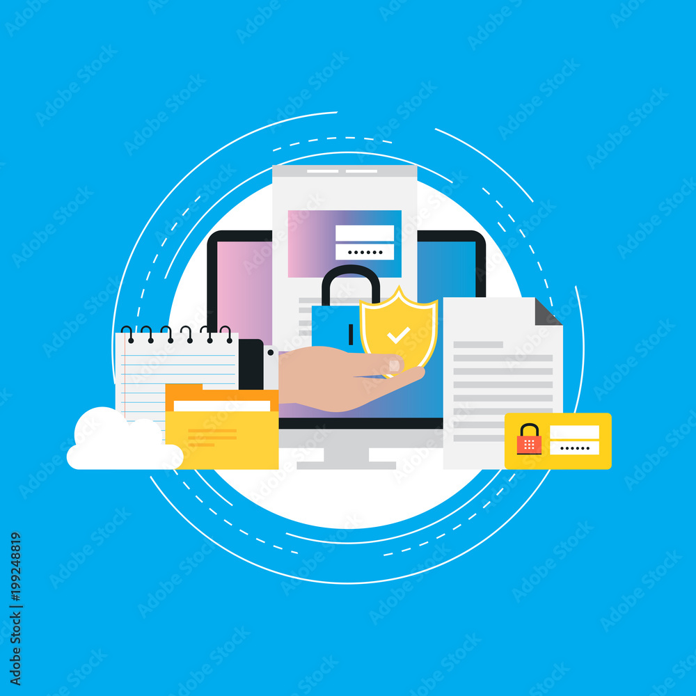 Poster data security flat vector illustration design. secured information, data privacy and padlock protect