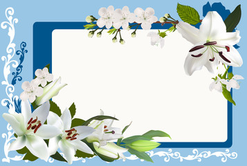 light lily and cherry tree flowers in blue decorated frame