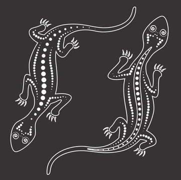 Vector lizard. Aboriginal art lizard illustration, Black and white lizard art. 