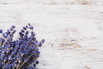 Lavender flowers, bouquet on rustic background, overhead