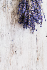 Lavender flowers, bouquet on rustic background, overhead