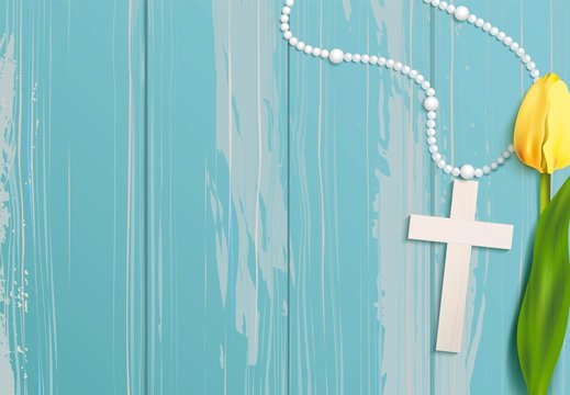 White beads, cross and yellow tulip on blue rustic wooden background. Vector illustration