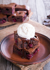 Homemade brownies with cherry and ice cream