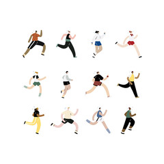 Hand drawn vector illustration of running and jogging people set.