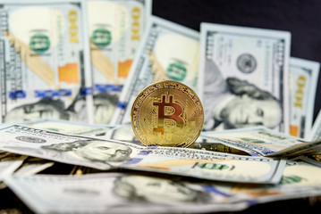 Bitcoin coin isolated on a USD background. Golden coin, virtual currency. Crypto currency. New virtual money.