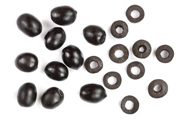 whole and sliced black olives isolated on white background. Top view. Flat lay pattern