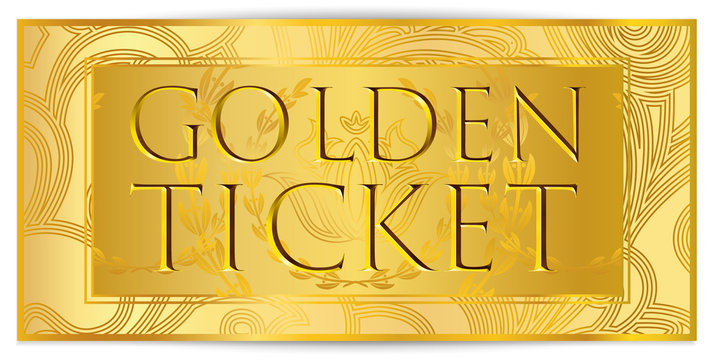 Gold ticket, golden token (coupon) isolated on white background. Design useful for any festival, party, cinema, event, entertainment show