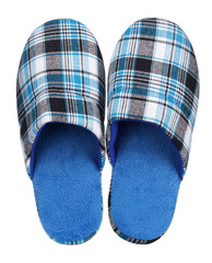 Blue checkered slippers isolated on white background. Close up, high resolution