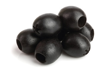 whole black olives isolated on white background macro