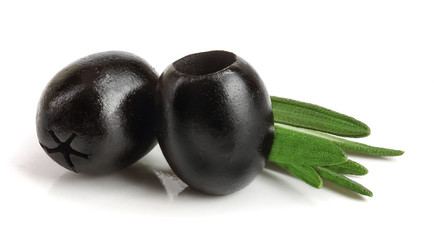 whole black olives with rosemary leaf isolated on white background macro