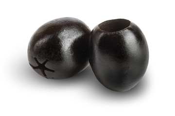 whole black olives isolated on white background macro