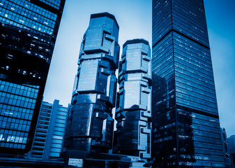 Plakat China,Hong Kong,modern skyscrapers,blue toned.