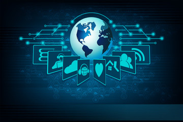 Blue design with a globe silhouette and internet symbols.