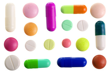 multicolor pill capsule isolated on white background. Top view. Flat lay. Set or collection