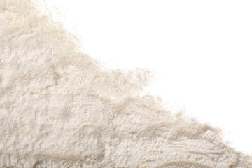 Pile of flour isolated on white background with copy space for your text. Top view. Flat lay