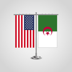 Table stand with flags of USA and Algeria.Two flag vector. flag pole.Symbolizing the cooperation between the two countries.Vector table flags