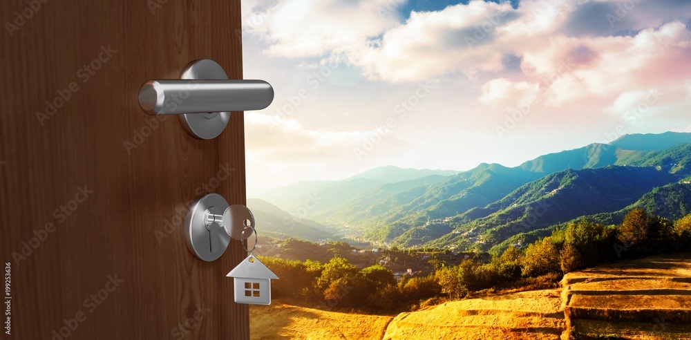 Poster composite image of digitally generated image of brown door with