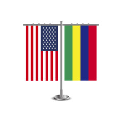 Table stand with flags of USA and Mauritius.Two flag vector. flag pole.Symbolizing the cooperation between the two countries.Vector table flags