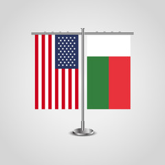 Table stand with flags of USA and Madagascar.Two flag vector. flag pole.Symbolizing the cooperation between the two countries.Vector table flags