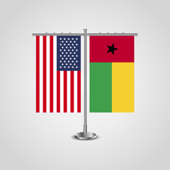Table stand with flags of USA and Guinea-Bissau.Two flag vector. flag pole.Symbolizing the cooperation between the two countries.Vector table flags