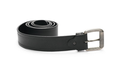 Black leather belt, strap with metal buckle isolated on white background