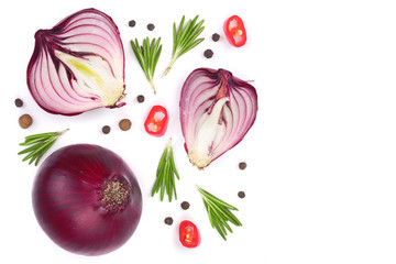 red onions with rosemary and peppercorns isolated on white background with copy space for your text. Top view. Flat lay
