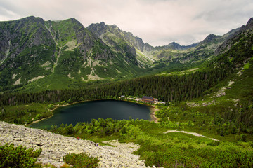 View of Popradske pleso and surrounding mountains in High Tatras, Slovakia