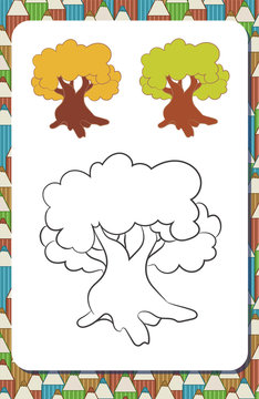 Vertical page of coloring book with contour cartoon tree and colored examples. Oak in autum and summer. Pencils.