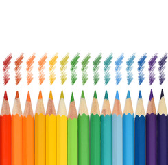 Colorful crayons in a row with drawings isolated on white. Repeatable pattern to border or frame.