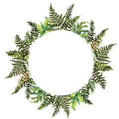 Forest tern watercolor wreath frame design with place for date and text. Bracken grass green border, Forest fern illustration.
