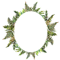 Forest tern watercolor wreath frame design with place for date and text. Bracken grass green border, Forest fern illustration.