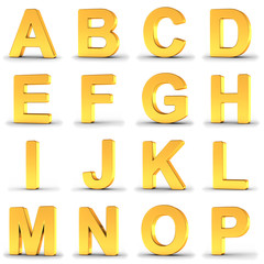 Set of golden alphabet letters from A to P over white