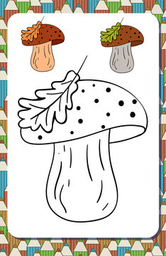 Page of coloring book with contour cartoon mushroom and colored examples.