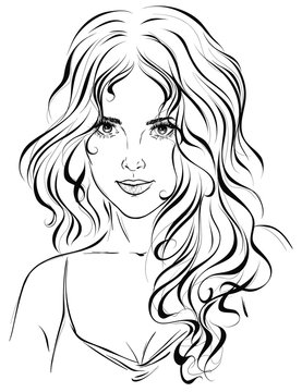 Graphic portrait of a young girl with long wavy hair. Vector illustration