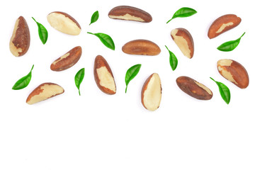 Brazil nuts isolated on white background closeup with copy space for your text. Top view. Flat lay