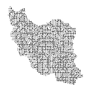 Abstract schematic map of Iran from the black printed board, chip and radio component of vector illustration