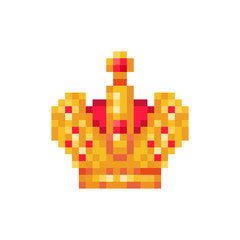 Fototapeta premium Golden Imperial crown with red gems , pixel art character isolated on white background. Old school 8 bit slot machine pictogram. Retro 80s; 90s video game graphics. King's symbol. Sign of emperor.