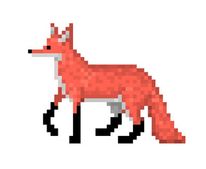 Obraz premium Red fox standing on the ground, pixel art character isolated on white background. Wild animal. Old school 8 bit slot machine pictogram. Retro 80s; 90s video game graphics. Zoo/national park carnivore.