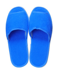 Blue hotel slippers isolated on white background. Close up, high resolution