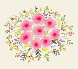 Greeting card flowers. Floral illustration with field flowers in vintage style. Spring, summer