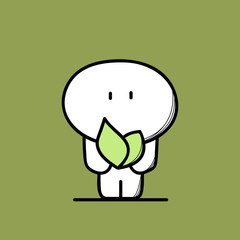 Cute man and green plant, sprout or leaves in the hands. Nature and spring, ecology and environment cartoon vector illustration.