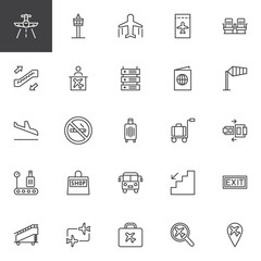 Airport outline icons set. linear style symbols collection, line signs pack. vector graphics. Set includes icons as Aircraft, Control tower, Plane, Ticket, Seats, Escalator, Information Passport