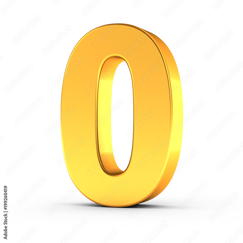 Poster the number zero as a polished golden object with clipping path