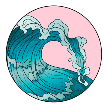 Decorative hand drawn line art. Logo ocean wave. Vector sea emblem. Sea, ocean, water, big wave.
