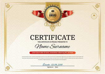 Official retro certificate with red gold design elements. Red ribbon and gold emblem. Vintage modern blank