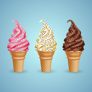 Set of realistic ice cream cones with candy beads on blue background. Vector Illustration
