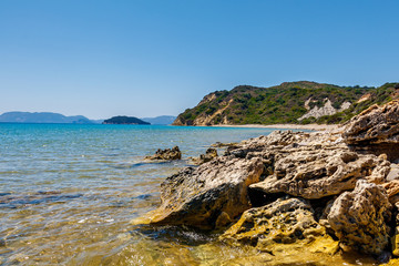 Beautiful sunny rock cliff of Zakynthos island, Greece