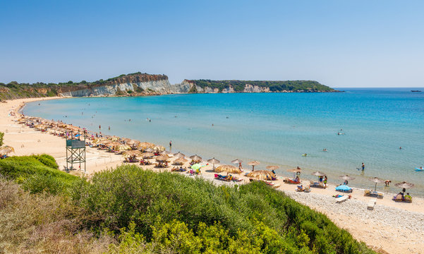 Tourists on the sand Gerakas beach of Zakynthos from the viewpoint, Greece